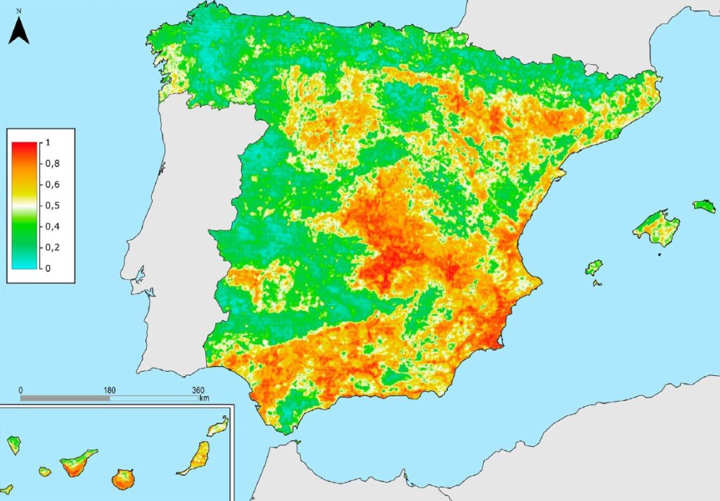 Mapa de probabilidad de degradación de la tierra en España